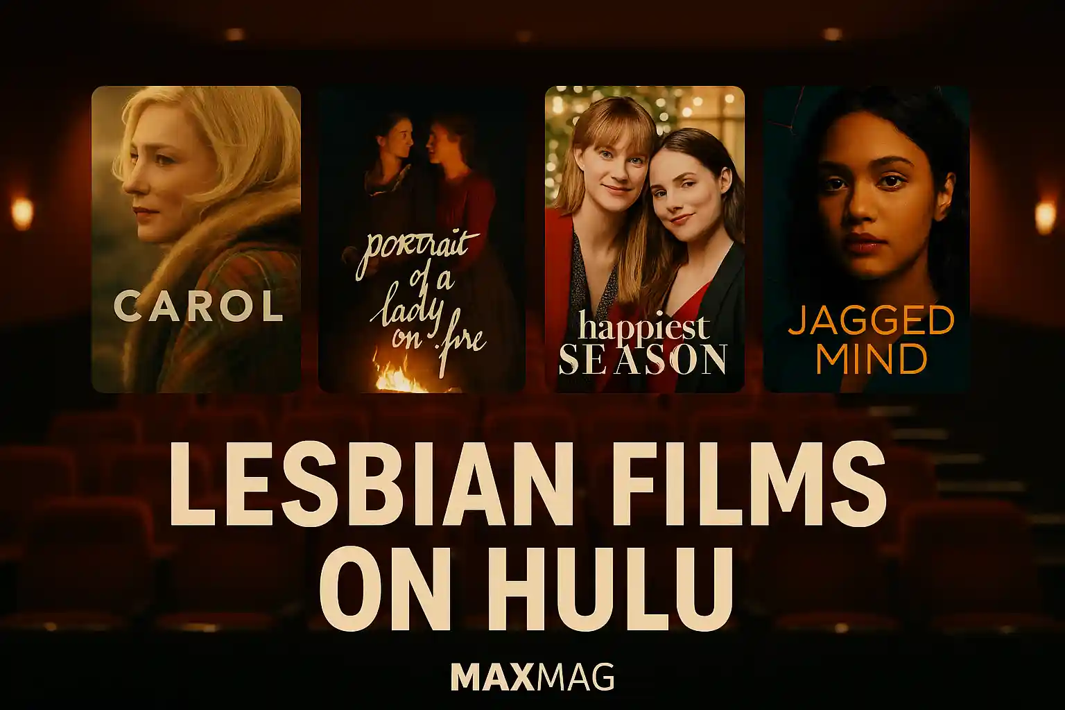 MAXMAG-style thumbnail featuring posters of Carol, Portrait of a Lady on Fire, Happiest Season, and Jagged Mind with the title “Lesbian Films on Hulu” over a cinematic background.