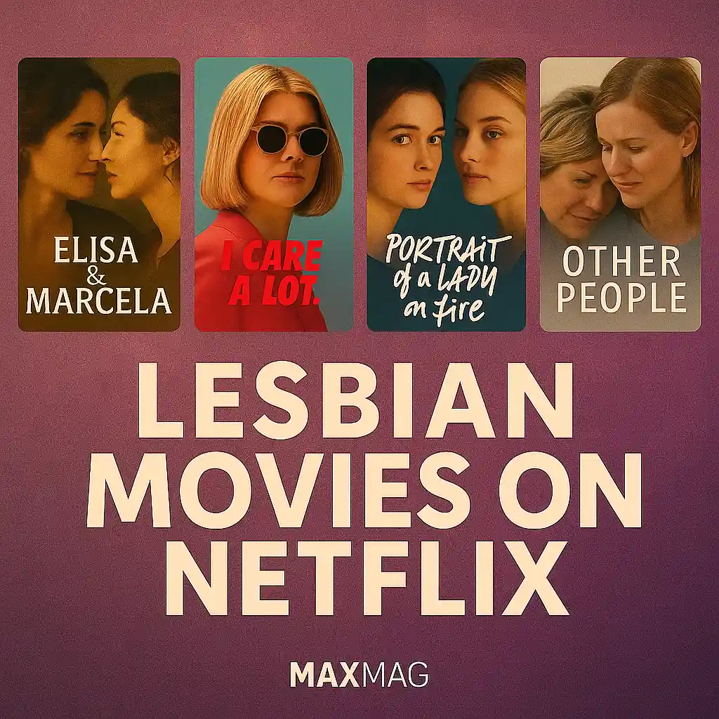 Thumbnail featuring four movie posters (Elisa & Marcela, I Care a Lot, Portrait of a Lady on Fire, Other People) arranged in a row against a warm purple-pink gradient background. Large beige text reads “Lesbian Movies on Netflix,” with “MAXMAG” logo centered at the bottom.