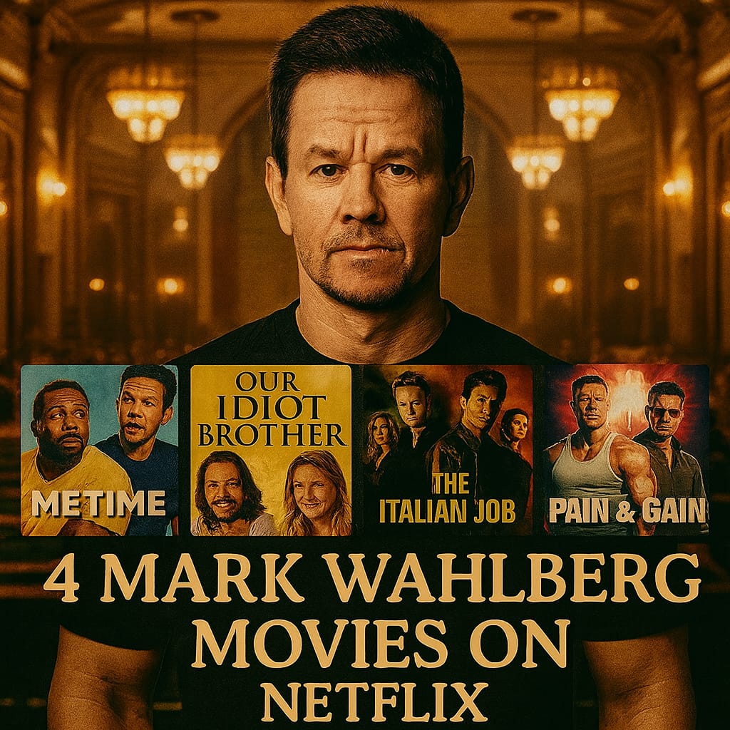 Square thumbnail featuring Mark Wahlberg with a cinema-themed golden background. Below his portrait are posters from Netflix films including Spenser Confidential, The Other Guys, Shooter, Mile 22, and Instant Family. Text reads “6 Mark Wahlberg Movies on Netflix” with the Maxmag logo at the bottom.
