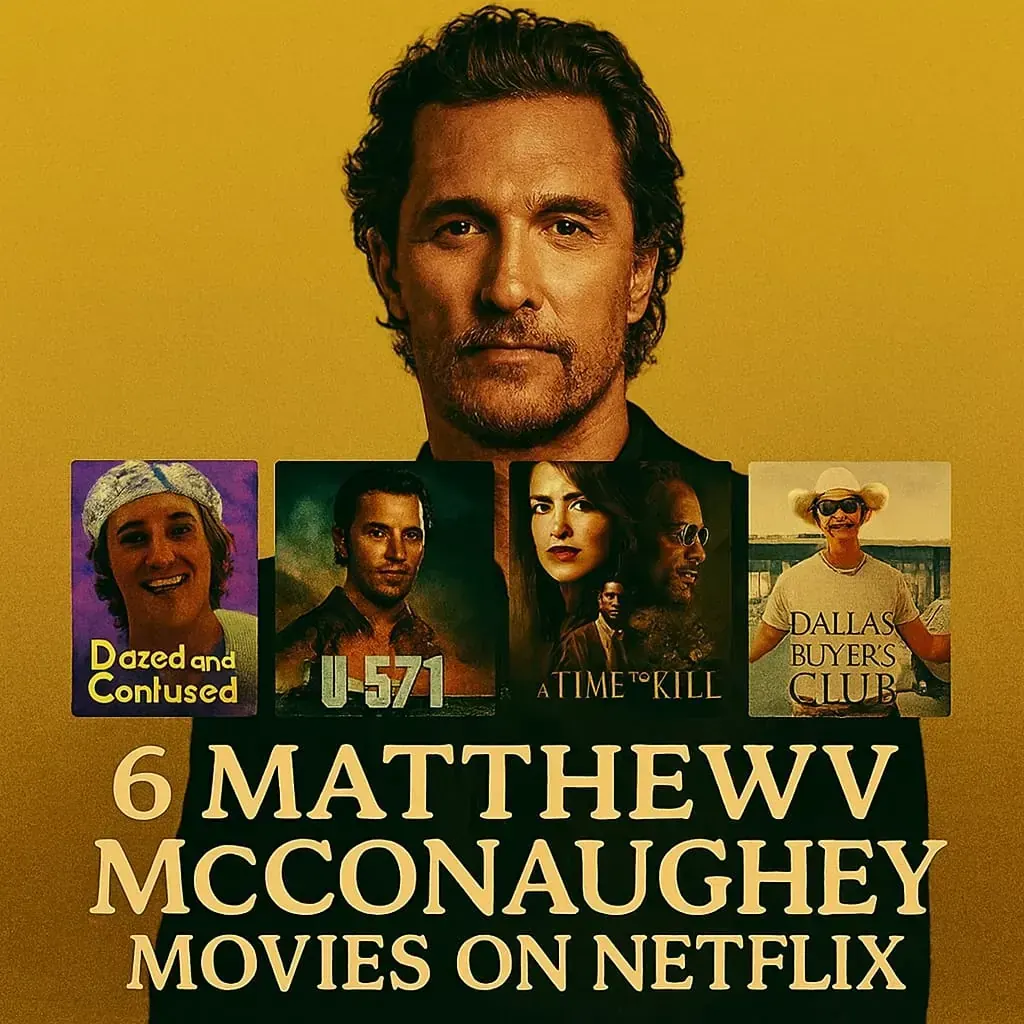 Thumbnail for article “6 Matthew McConaughey Movies on Netflix” featuring the actor’s portrait with posters from Dazed and Confused, U-571, A Time to Kill, The Lincoln Lawyer, and The Gentlemen.