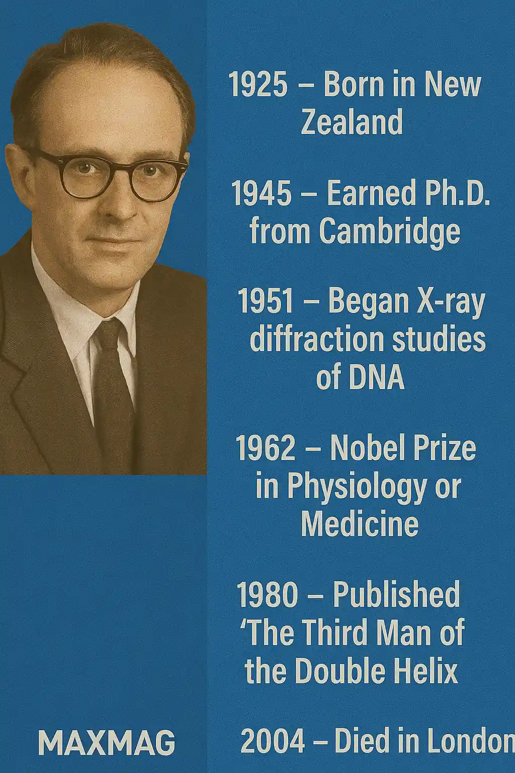 Timeline thumbnail of Maurice Wilkins’s life featuring his sepia portrait on the left and six milestones on the right, including his birth in 1925, Nobel Prize in 1962, and death in 2004, with Maxmag branding at the bottom center.