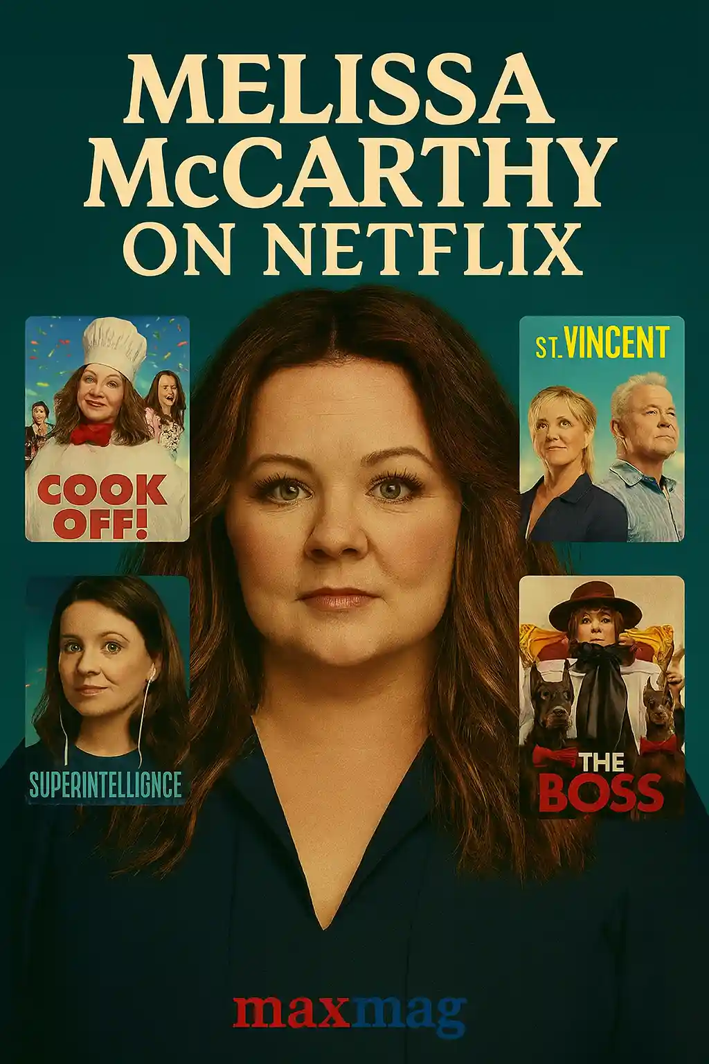 Cinematic thumbnail for “Melissa McCarthy on Netflix” featuring her portrait in the center, with movie posters of Cook Off!, Superintelligence, St. Vincent, and The Boss on a teal background, Maxmag logo at bottom.