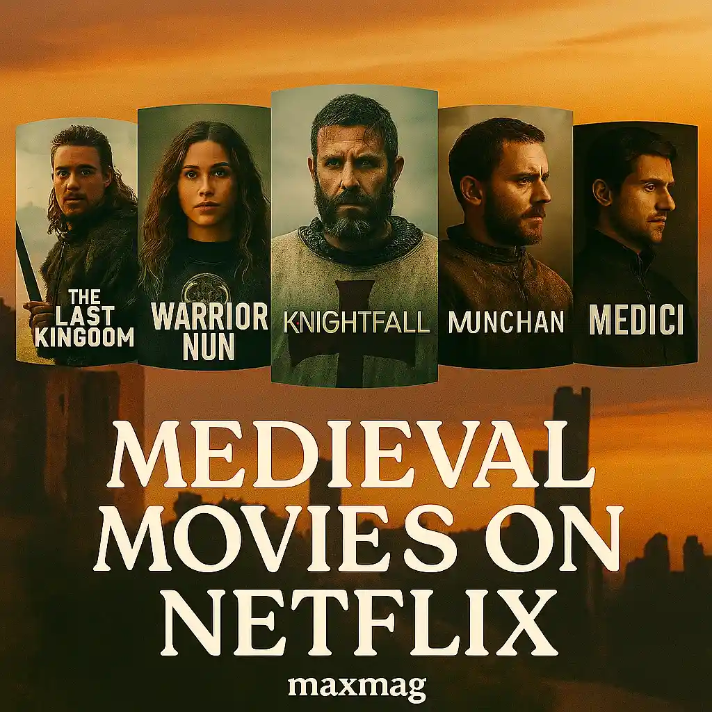 Sunset medieval Netflix thumbnail highlighting The Last Kingdom, Warrior Nun, Knightfall, Munchan, and Medici with castle silhouettes in the background and MAXMAG branding.