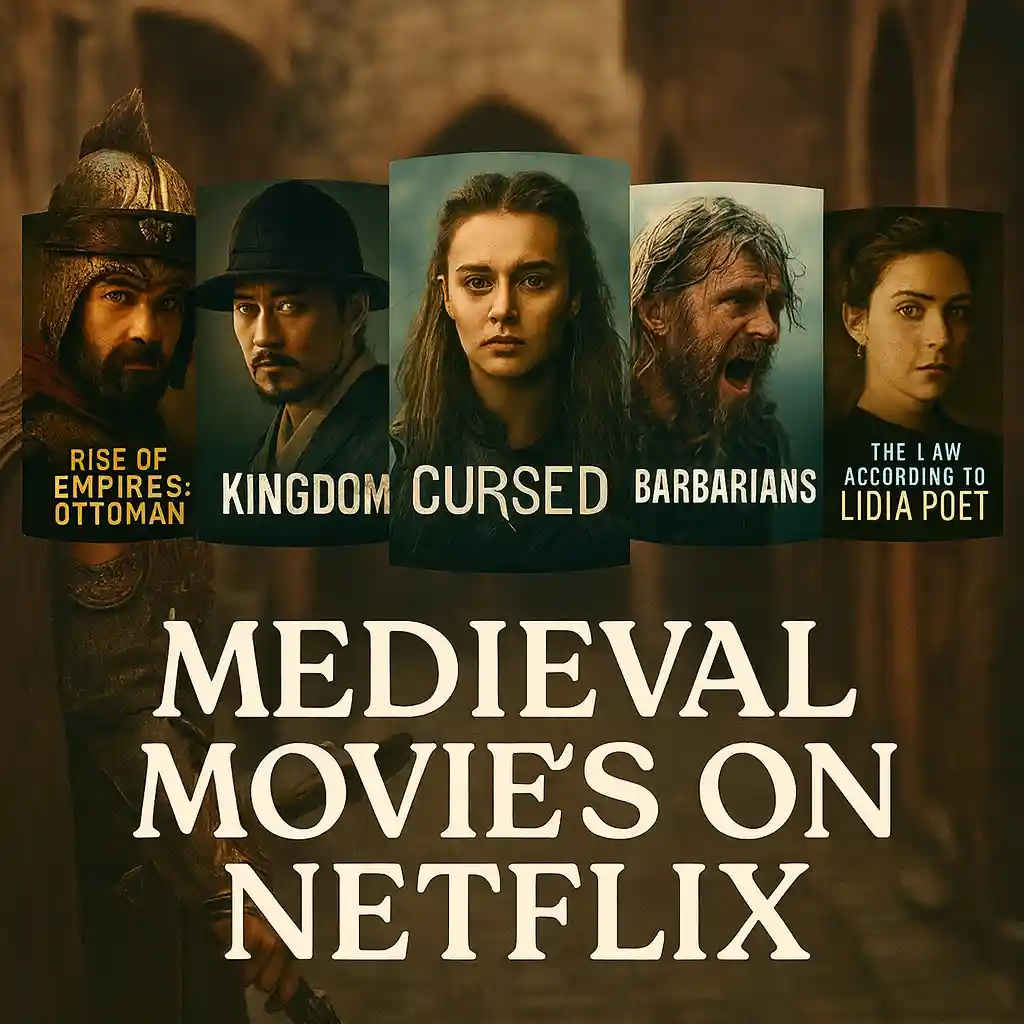 Medieval Netflix movies thumbnail showing Rise of Empires: Ottoman, Kingdom, Cursed, Barbarians, and The Law According to Lidia Poet against a stone archway backdrop with MAXMAG logo.