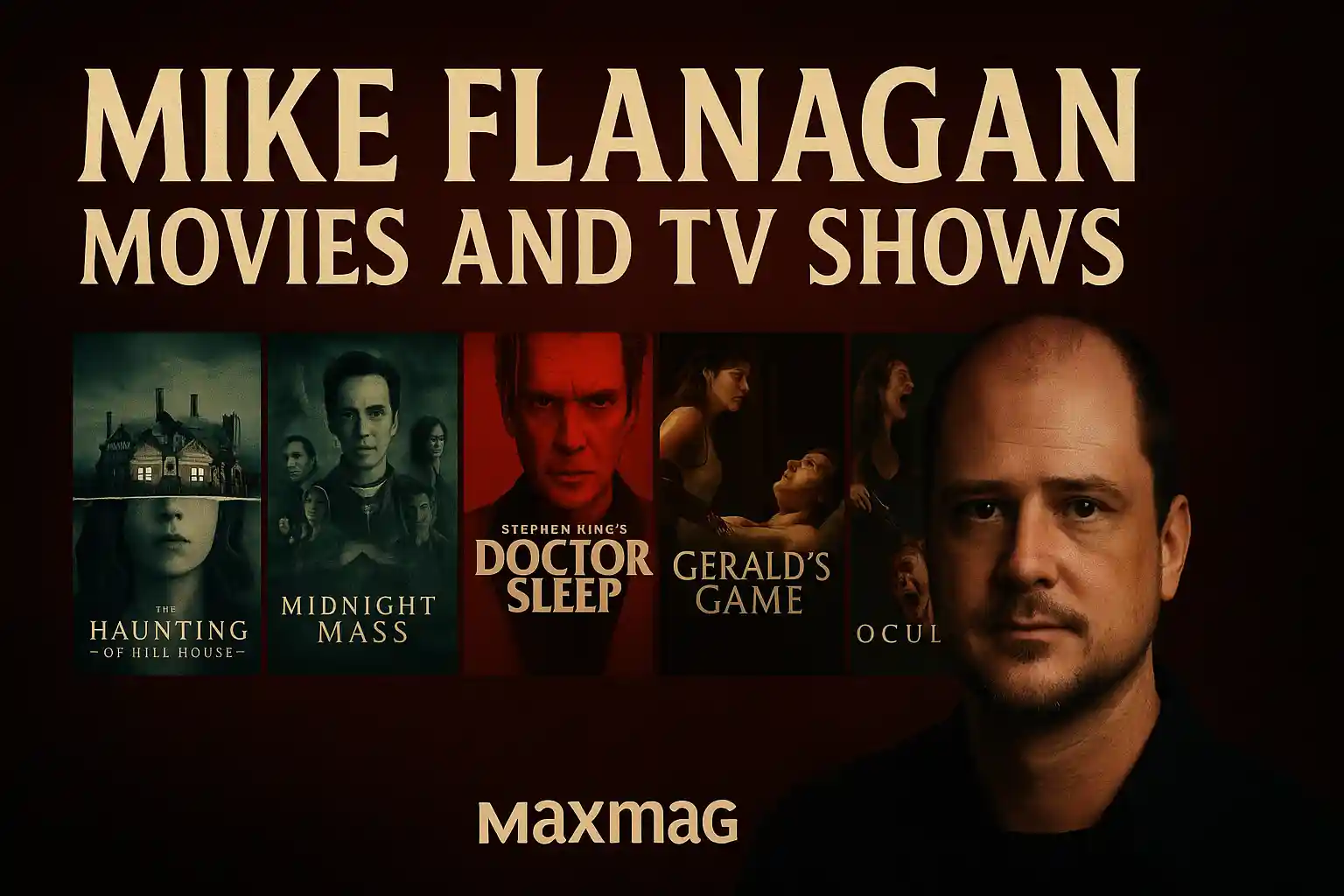 Wide-format thumbnail for Mike Flanagan Movies and TV Shows with centered cream text at the top, posters of Hill House, Midnight Mass, Doctor Sleep, Gerald’s Game, and Oculus in the middle, Flanagan’s portrait on the right, and Maxmag logo at the bottom