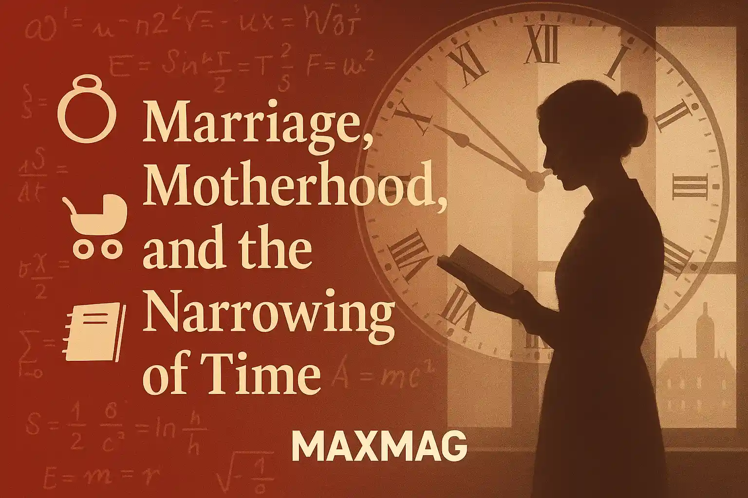 Sepia silhouette of a woman reading by a window overlaid with a large clock; left side red gradient with faint equations and the title “Marriage, Motherhood, and the Narrowing of Time”; Maxmag logo centered at the bottom.