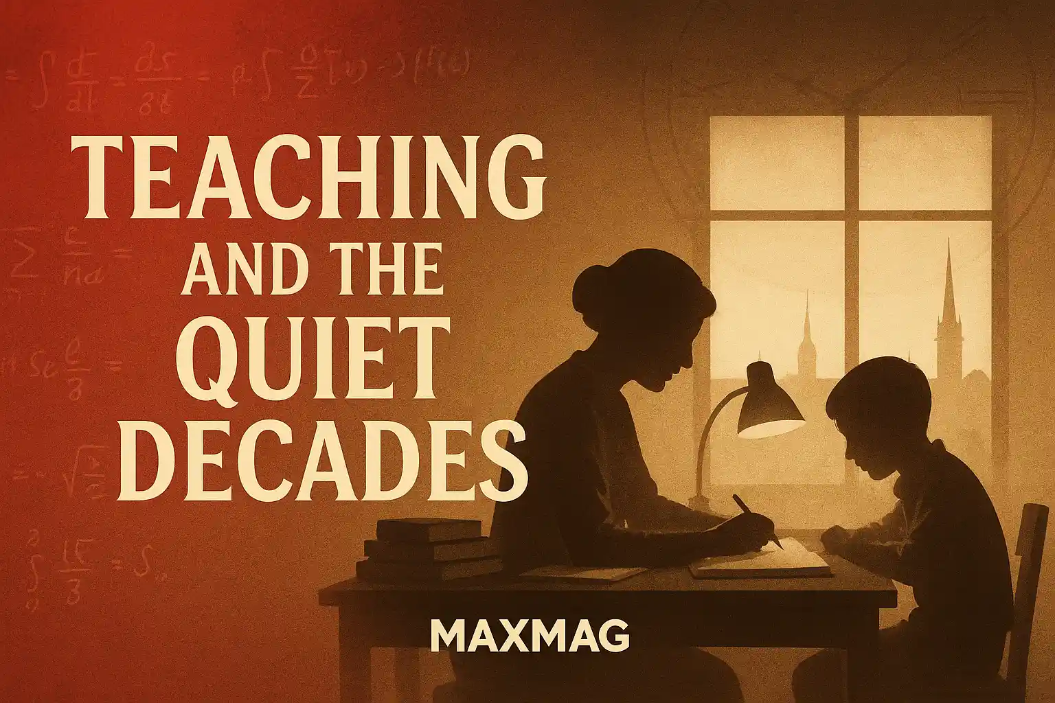 Teaching and the Quiet Decades — sepia silhouette of a woman tutoring a child at a desk under a lamp, Zurich skyline seen through a window; left side red gradient with faint equations; bold cream title; Maxmag logo centered at bottom.