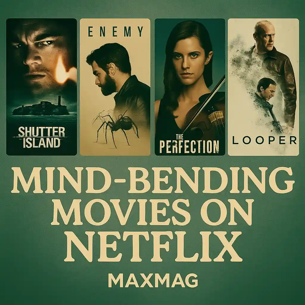 Square cinematic thumbnail showcasing The Unreliable Map, Borrowed Future, The Dividing Line, Vanishing Point Theory, and Last Exit: Ouroboros – mind bending Netflix movies.