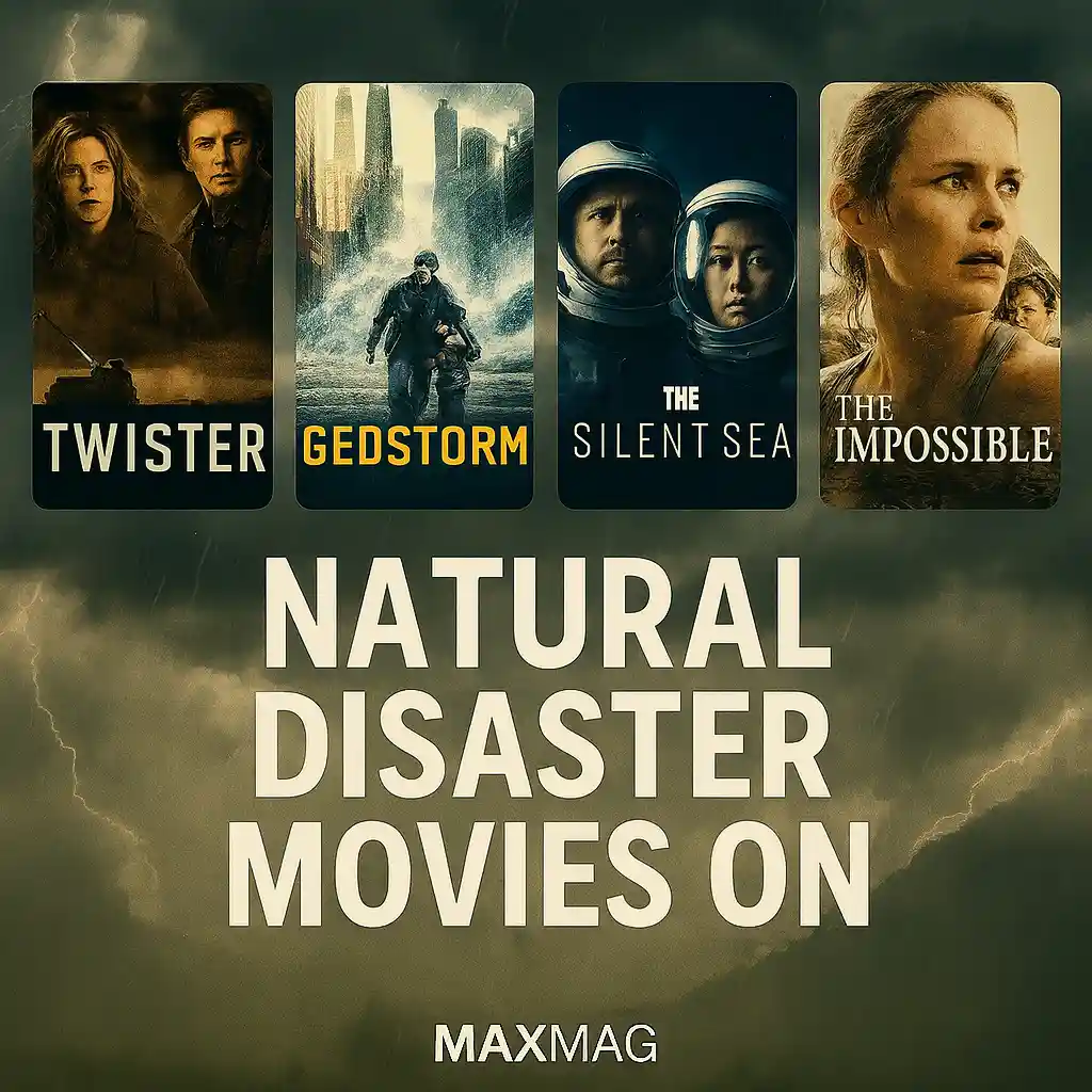 Square thumbnail for “Natural Disaster Movies on Netflix” featuring posters of Twister, Geostorm, The Silent Sea, and The Impossible, set against a stormy background with lightning and clouds, with bold beige text and Maxmag branding.