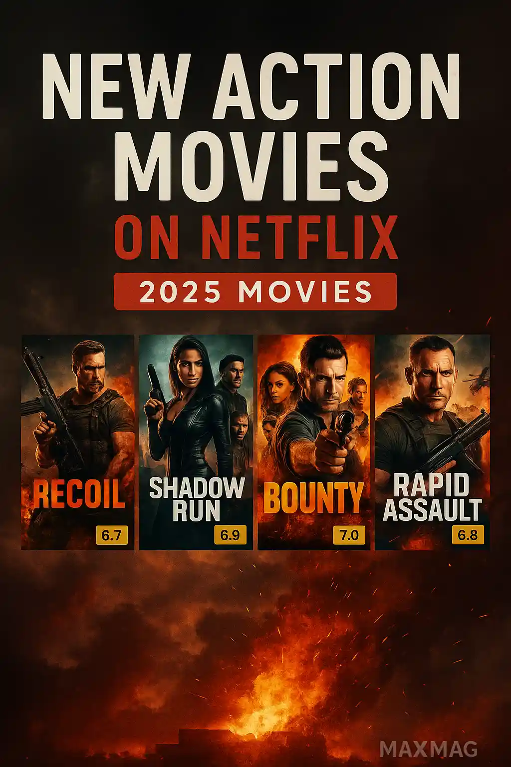 Action-themed Netflix 2025 promotional poster with fiery explosion background, bold title “New Action Movies on Netflix 2025,” and posters for action films Recoil, Shadow Run, Bounty, and Rapid Assault, plus Maxmag branding.