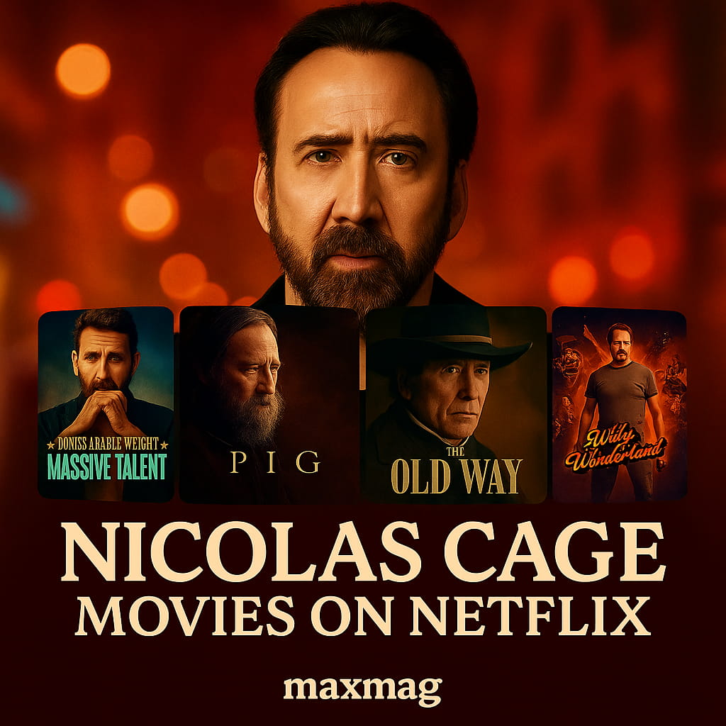 Square cinematic thumbnail featuring a centered portrait of Nicolas Cage above four mini-posters (“The Unbearable Weight of Massive Talent,” “Pig,” “The Old Way,” “Willy’s Wonderland”); bold title “NICOLAS CAGE MOVIES ON NETFLIX” and Maxmag logo at bottom; warm bokeh cinema lights background.