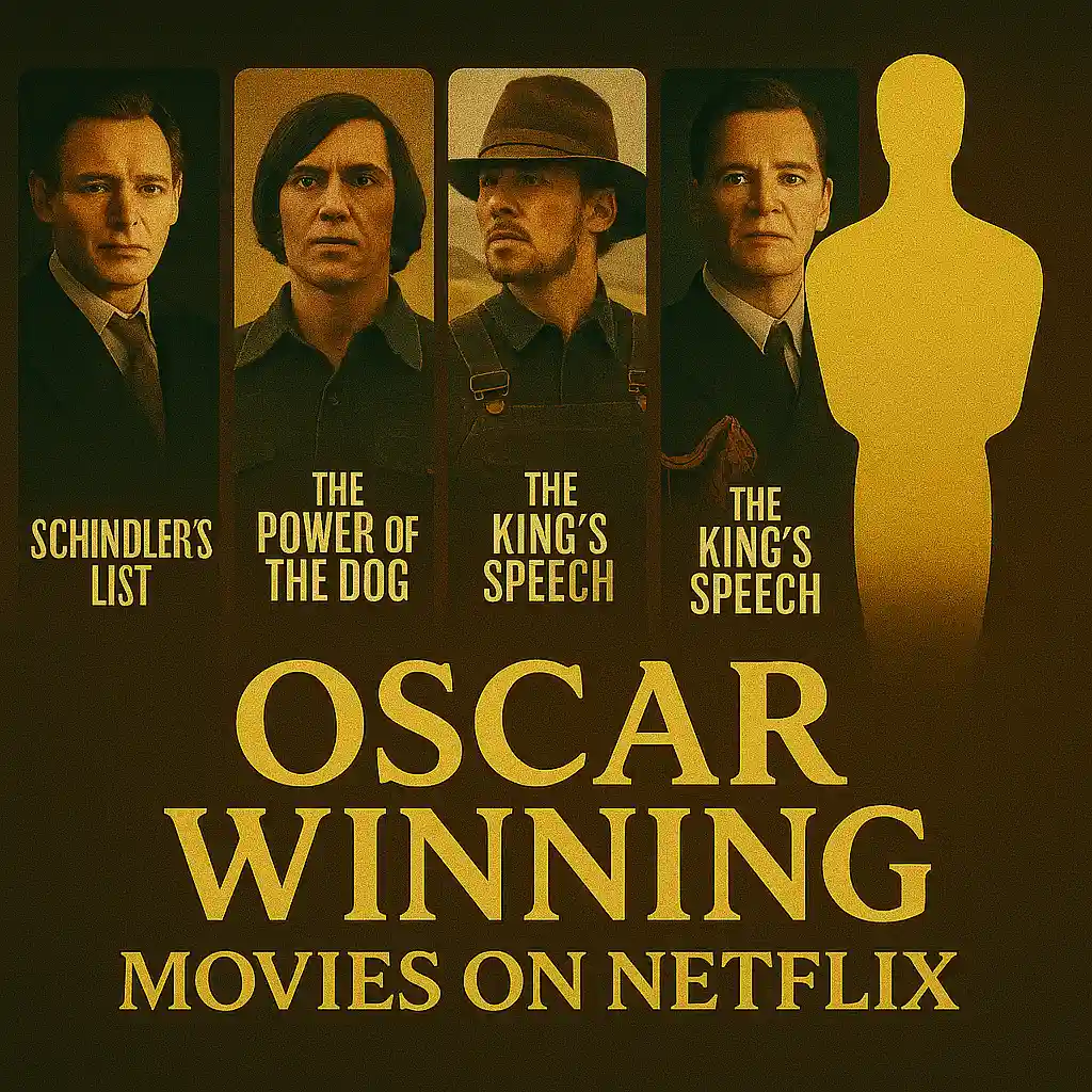 Thumbnail with posters from Schindler’s List, The Power of the Dog, and The King’s Speech, accompanied by a golden Oscar silhouette outline on the right side and golden text.