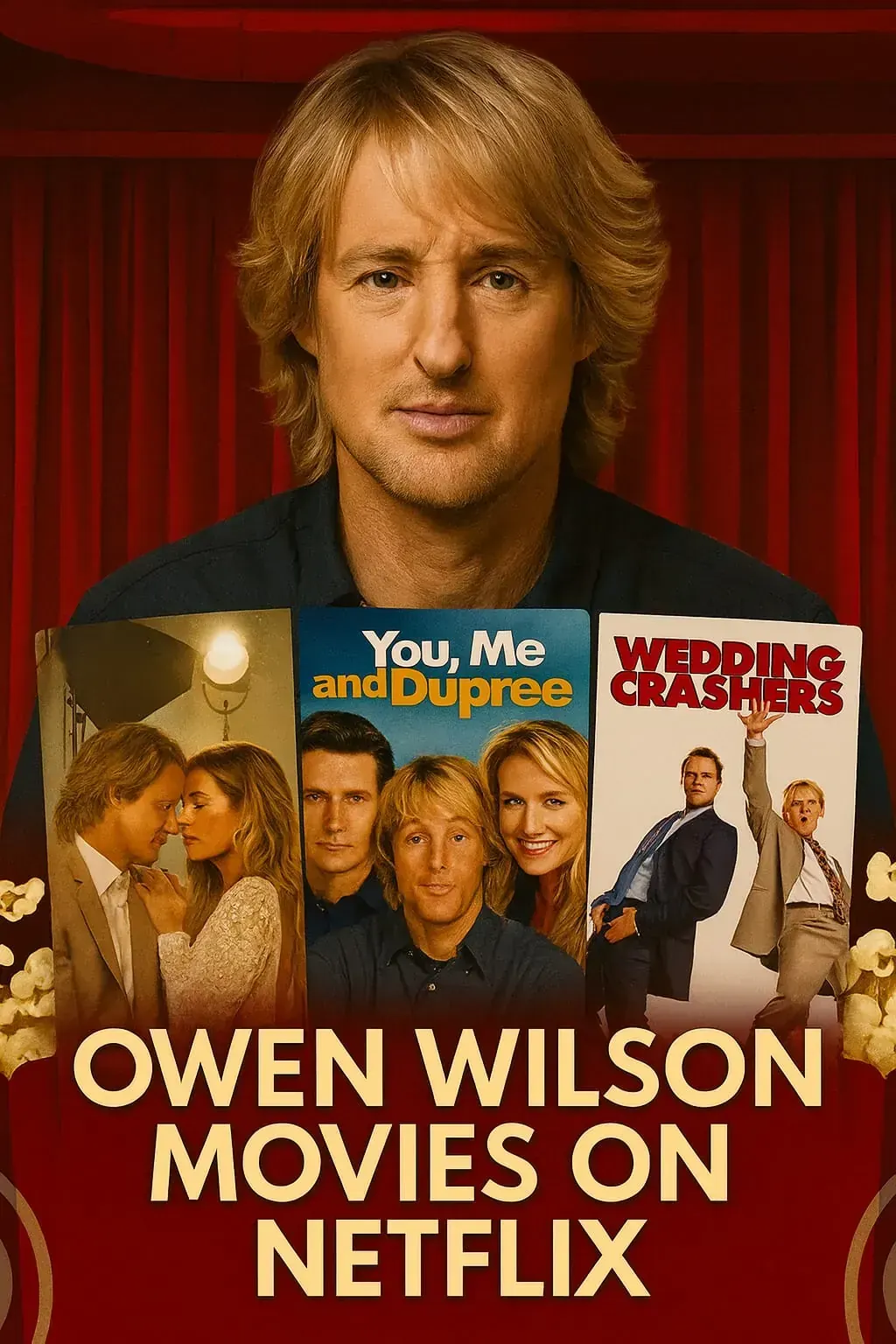 A cinematic thumbnail featuring Owen Wilson with posters from Marry Me (2022), You, Me and Dupree (2006), and Wedding Crashers (2005), promoting his awarded movies streaming on Netflix.