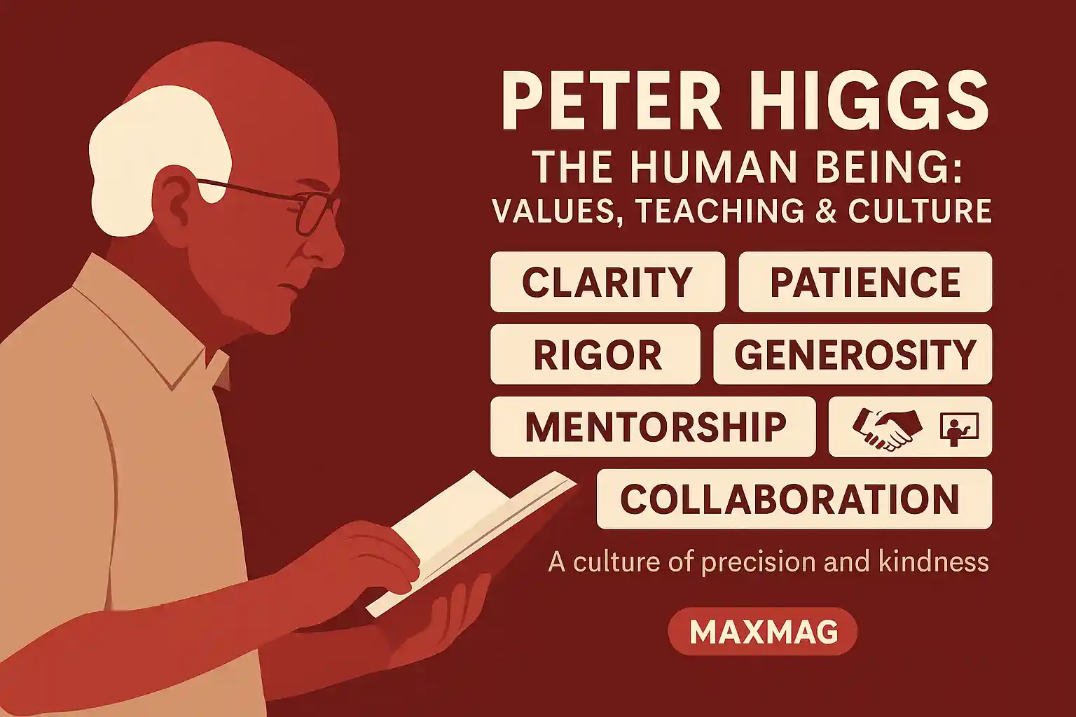 Minimalist red illustration of Peter Higgs reading on the left; headline ‘Peter Higgs — The Human Being: Values, Teaching & Culture’ on the right with badges for Clarity, Patience, Rigor, Generosity, Mentorship, Collaboration; Maxmag logo centered at the bottom.
