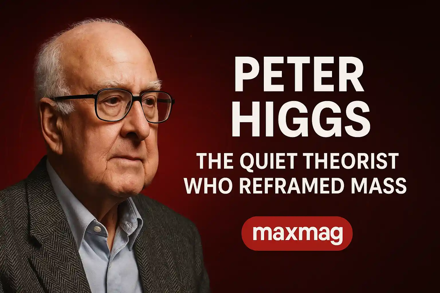Red, particle-field background with centered white title ‘Peter Higgs: The Quiet Theorist Who Reframed Mass’ and Maxmag logo at bottom center.