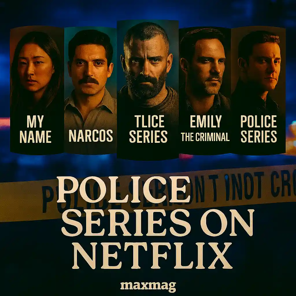 “Thumbnail for Police Series on Netflix by Maxmag featuring TV series My Name, Narcos, Emily the Criminal, and additional police drama posters set against a police line crime scene background.”