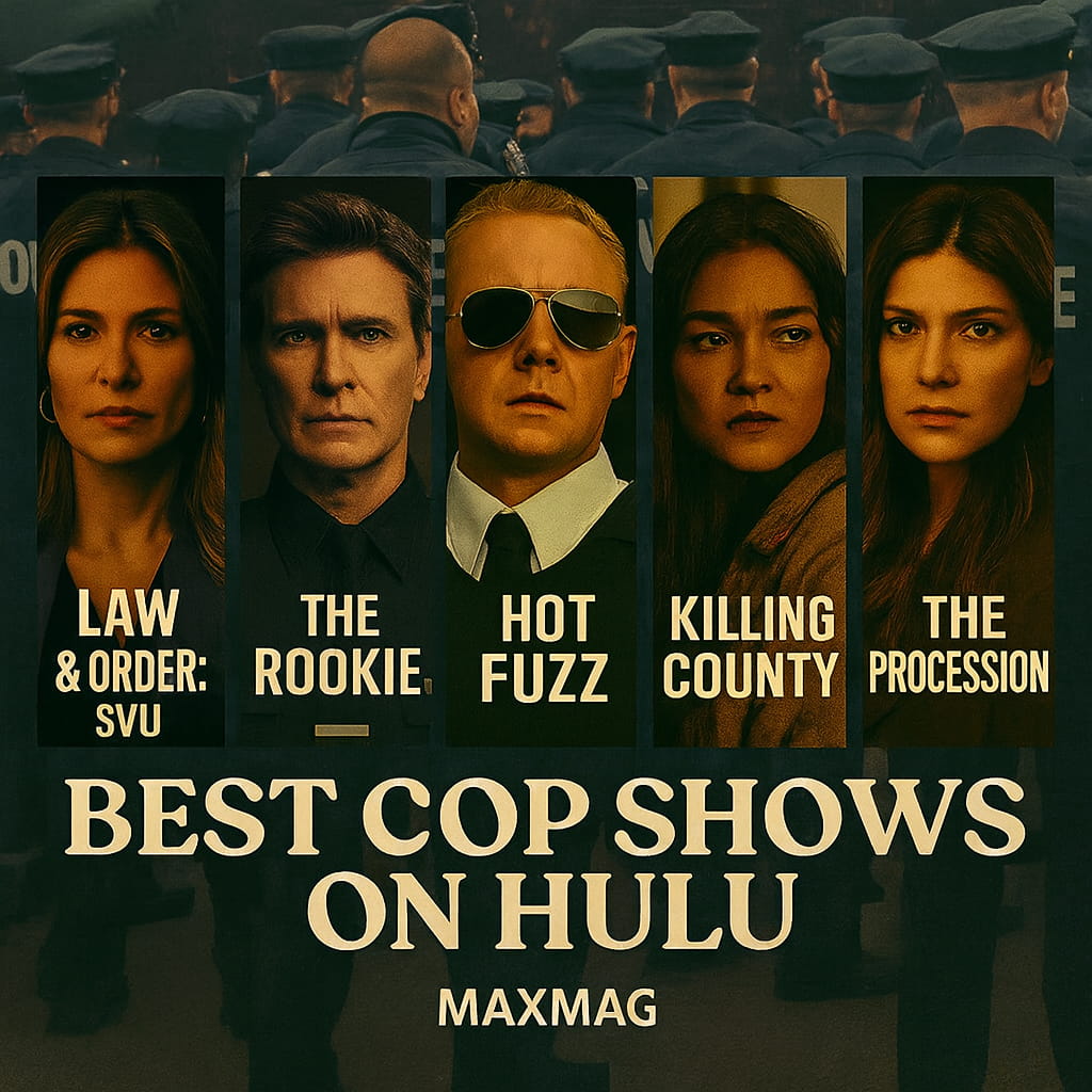 Promotional thumbnail for Best Cop Shows on Hulu featuring five popular titles — Law & Order: SVU, The Rookie, Hot Fuzz, Killing County, and The Procession — with a moody police background and bold typography.