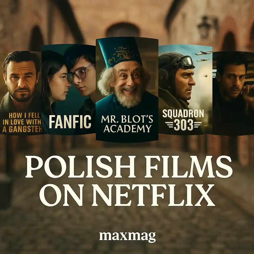 Square promotional thumbnail featuring five Polish movie posters—How I Fell in Love with a Gangster, Fanfic, Mr. Blot’s Academy, Squadron 303, and another Polish film—set against a blurred cobblestone street background. Large bold serif text reads “POLISH FILMS ON NETFLIX” with Maxmag branding below.