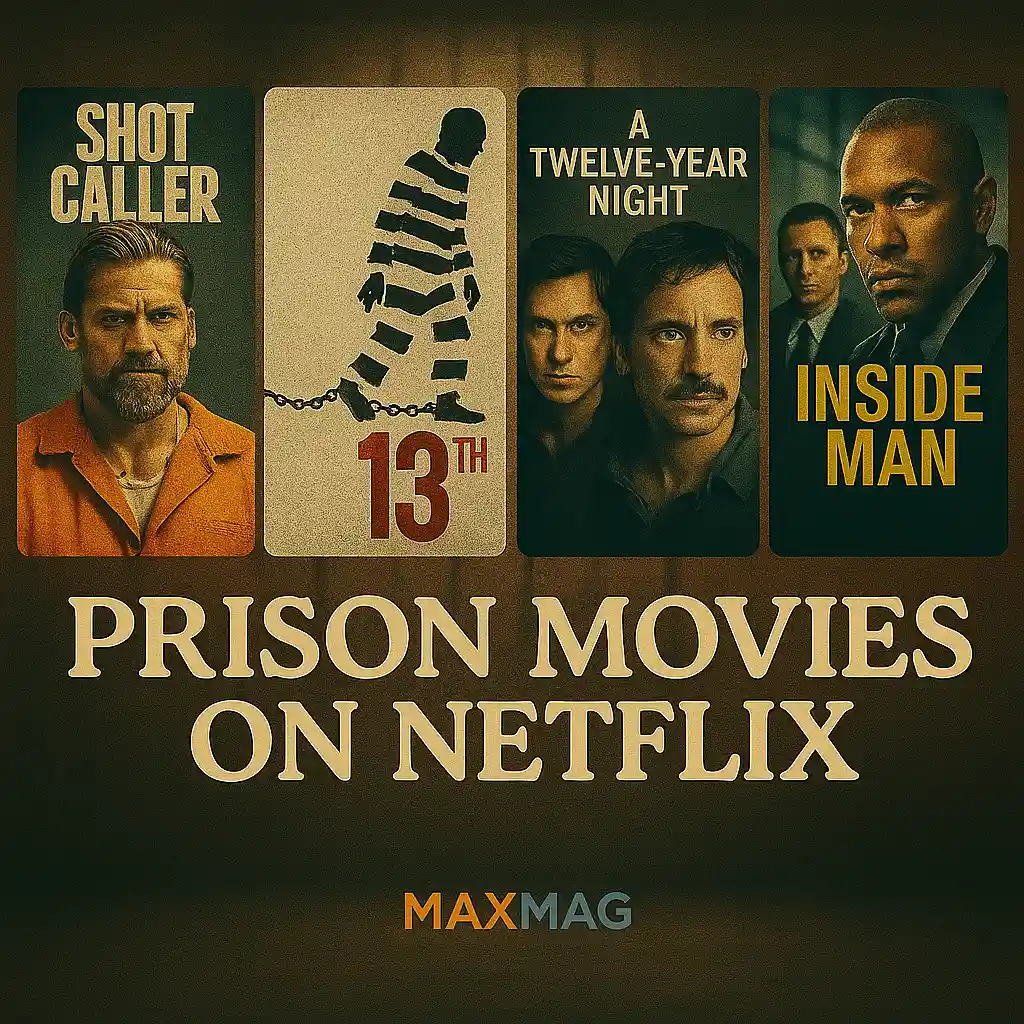 Cinematic thumbnail for prison movies on Netflix featuring A Prophet, The Green Mile, The Shawshank Redemption, and The Rock, with a steel-toned prison corridor background and bold lettering.