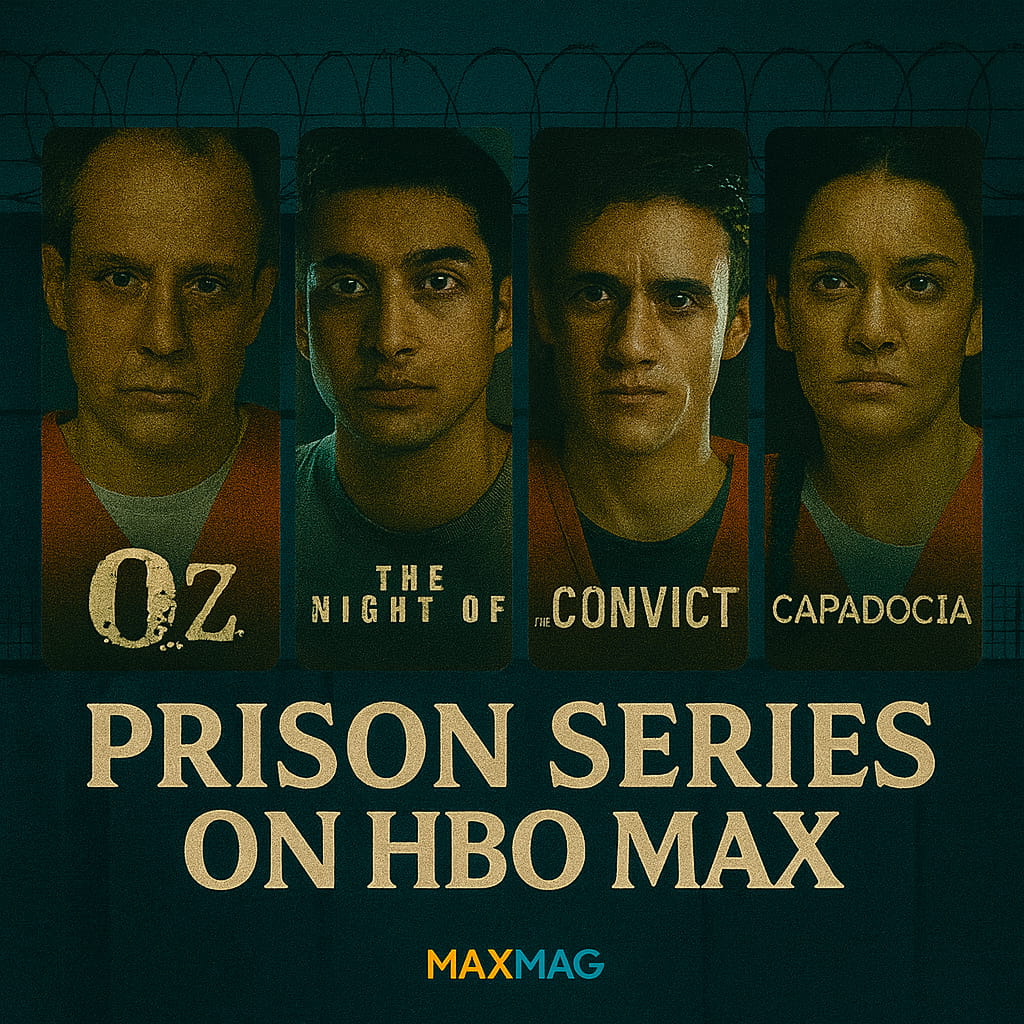Thumbnail collage featuring Oz, The Night Of, The Convict, and Capadocia against a prison background, labeled “Prison Series on HBO Max” by Maxmag.