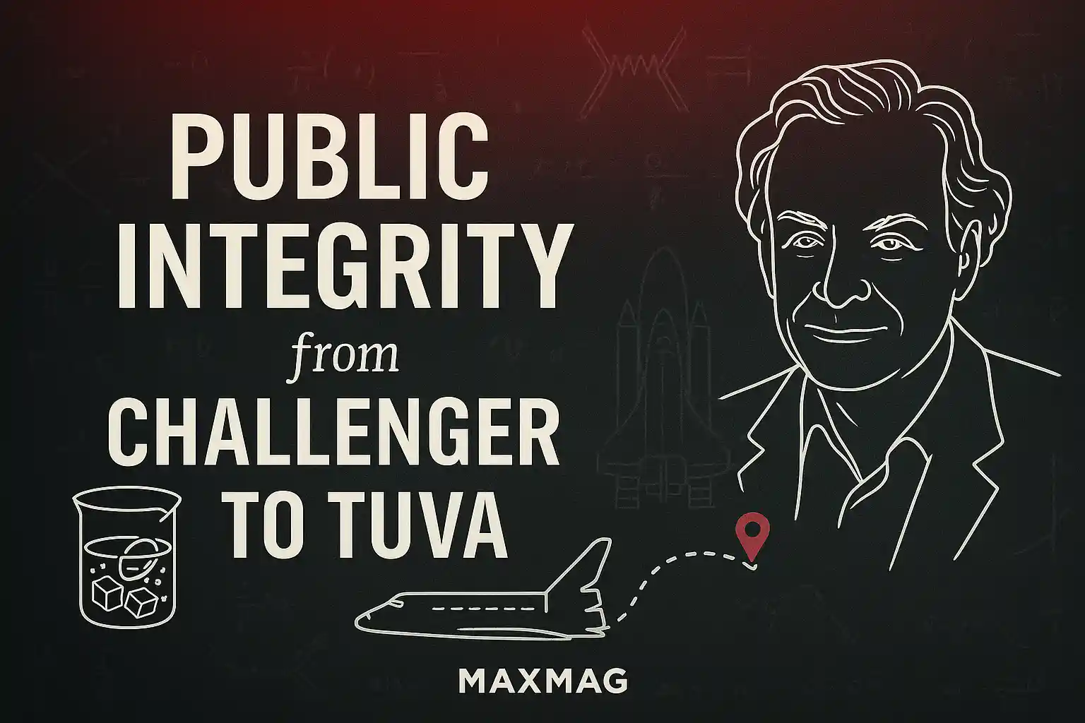 Public Integrity from Challenger to Tuva” thumbnail in Pisa-style — chalkboard backdrop with equations, line-art Feynman portrait at right, beaker with O-ring/ice cubes at left, shuttle silhouette and dotted route toward a red map pin, bold white title centered, MAXMAG branding at bottom center.
