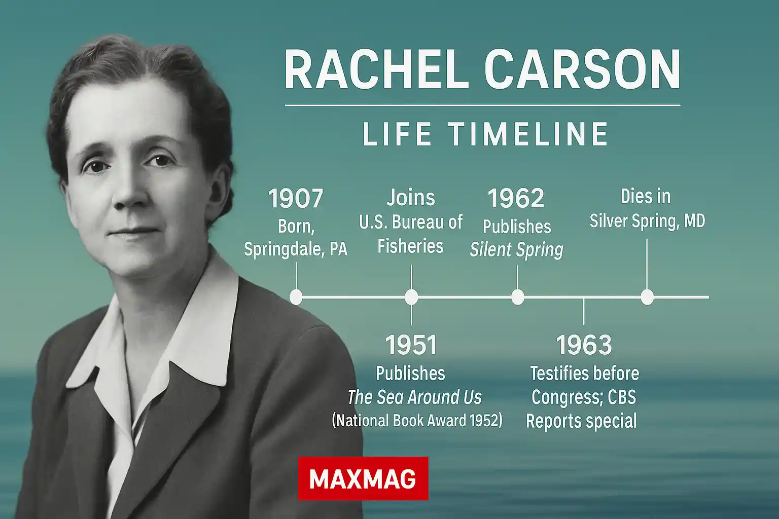 Rachel Carson life timeline thumbnail: grayscale portrait on left; teal sea-gradient background; horizontal timeline with six milestones — 1907 birth (Springdale, PA), 1936 joins U.S. Bureau of Fisheries, 1951 The Sea Around Us (National Book Award 1952), 1962 Silent Spring, 1963 testimony/CBS special, 1964 death (Silver Spring, MD); MAXMAG logo centered at the bottom.