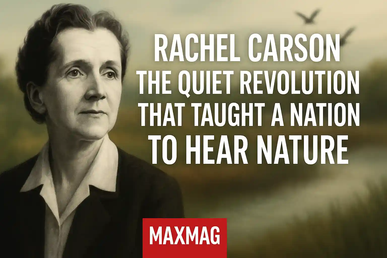 Thumbnail for MAXMAG article on Rachel Carson: her grayscale portrait on the left, bold white title on the right reading “Rachel Carson — The Quiet Revolution That Taught a Nation to Hear Nature,” soft marsh background with flying birds, and MAXMAG logo centered at the bottom.