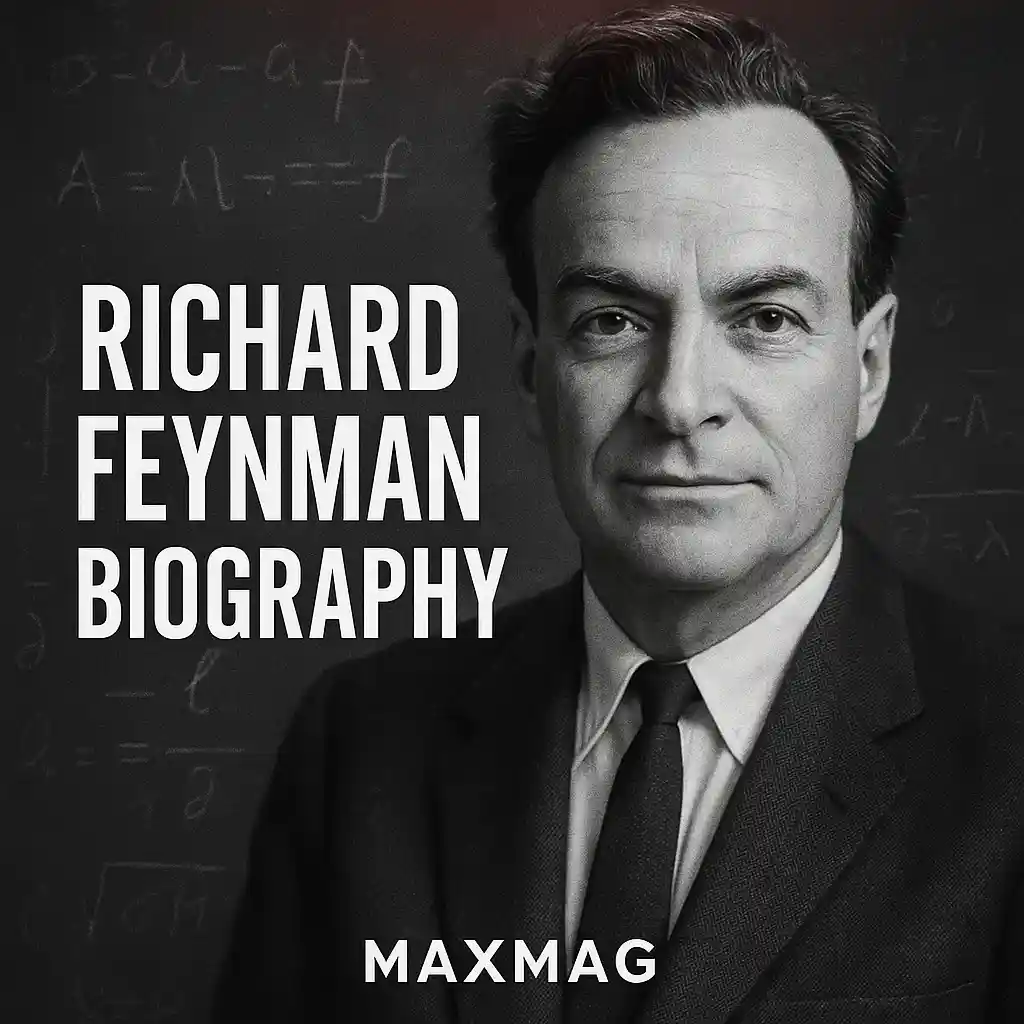 Richard Feynman (photorealistic) beside bold “RICHARD FEYNMAN BIOGRAPHY” title on a chalkboard with equations; MAXMAG centered at the bottom.