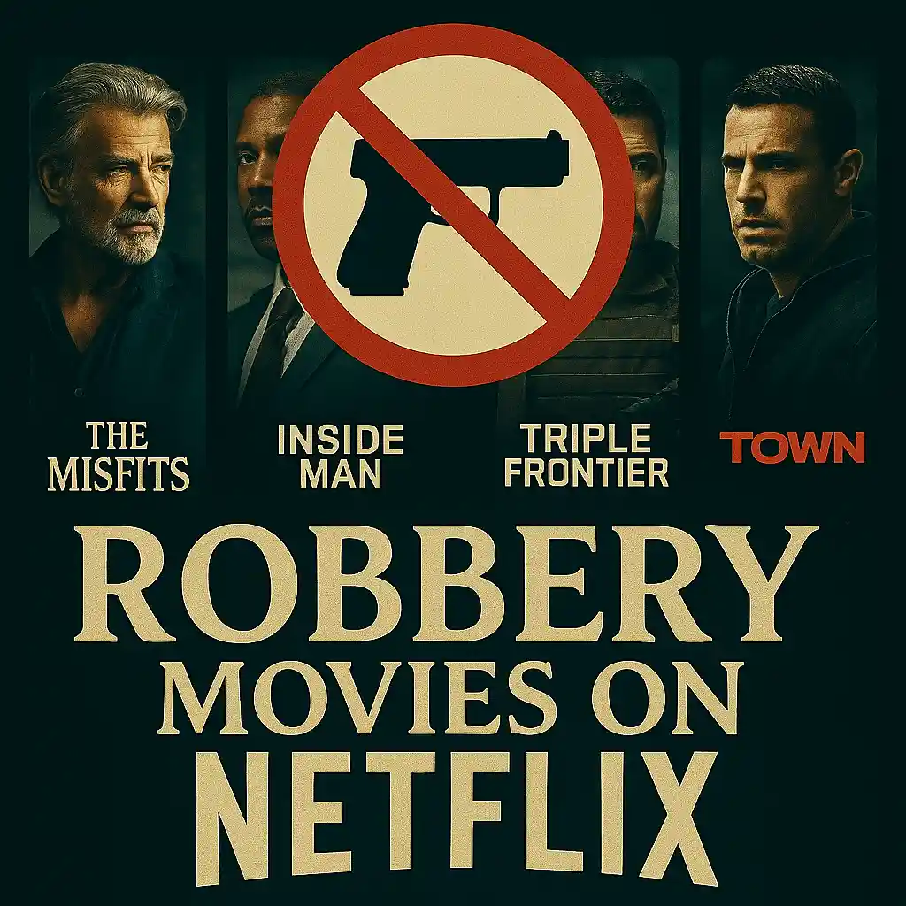 Square cinematic thumbnail for “Robbery Movies on Netflix,” featuring posters from Inside Man, The Misfits, Triple Frontier, and The Town, with a large central red prohibition symbol over a gun, bold beige title text, and MAXMAG branding.