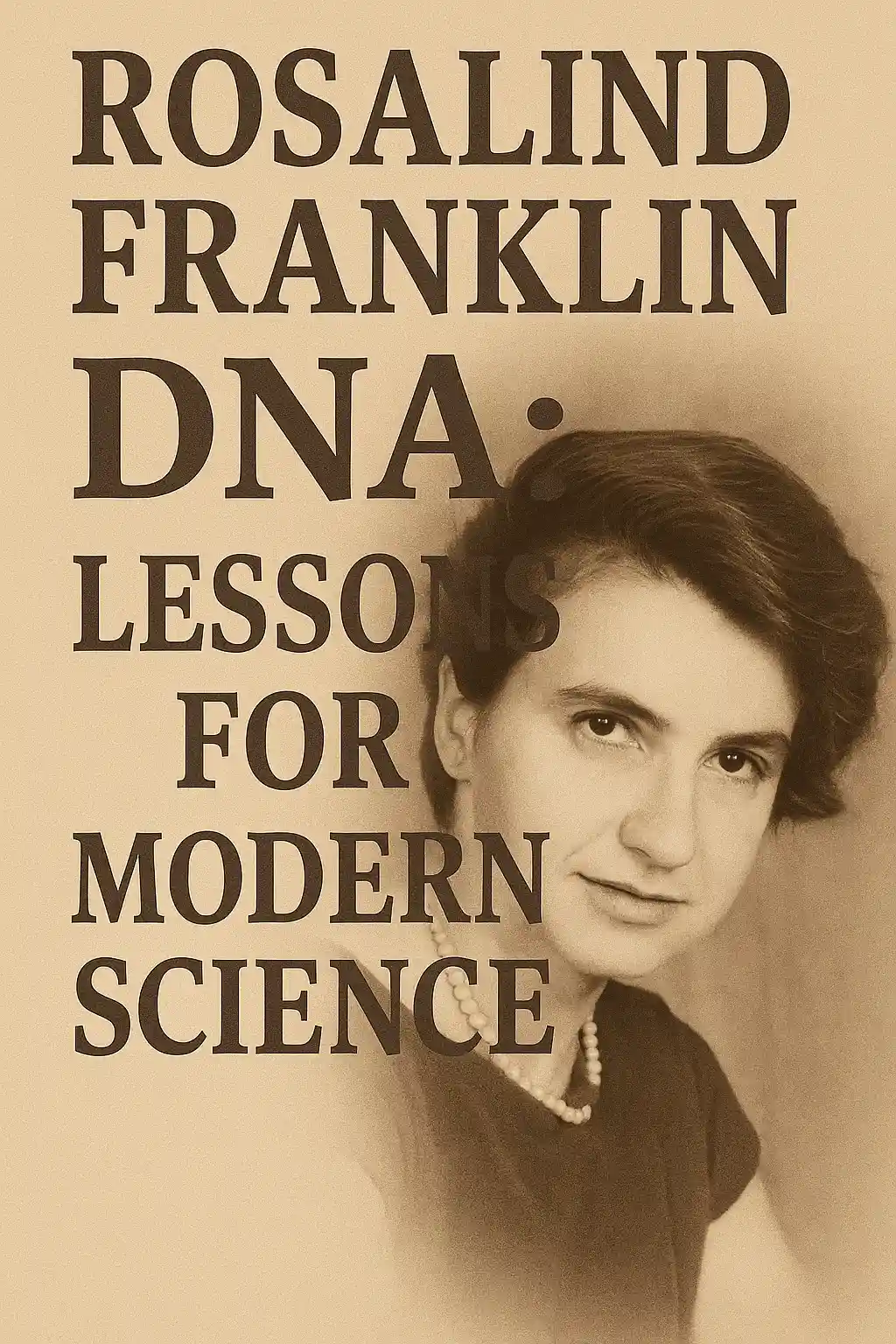 Vertical sepia-toned thumbnail with Rosalind Franklin’s portrait on the right and bold serif text on the left reading 'Rosalind Franklin DNA: Lessons for Modern Science'.