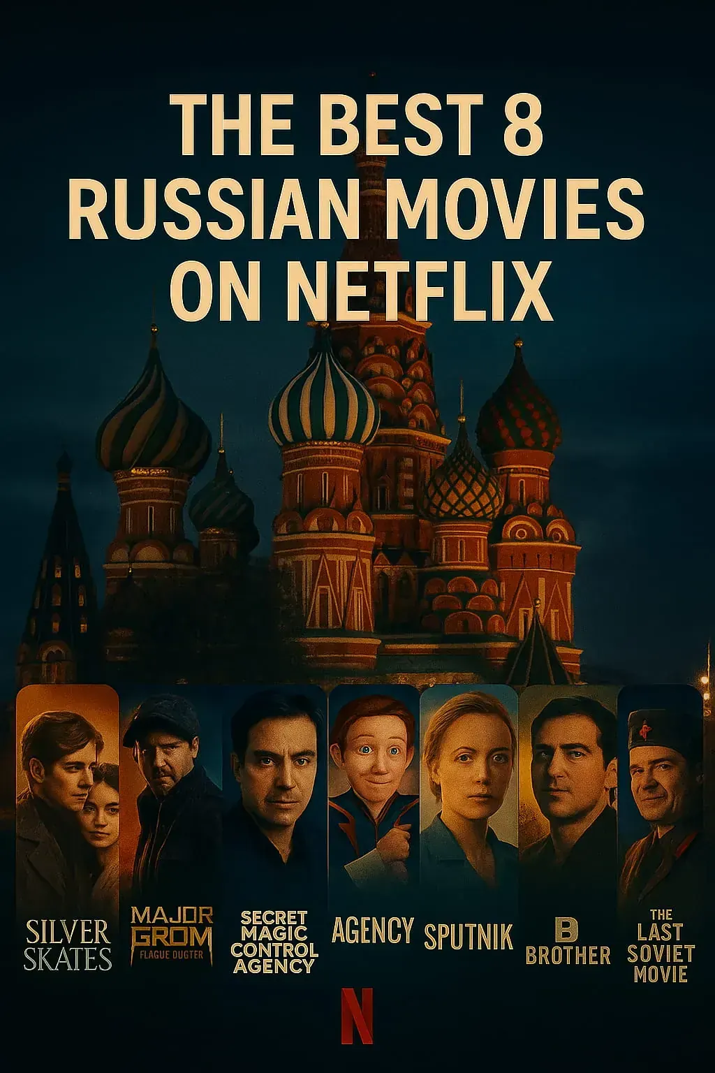 Cinematic thumbnail for “The Best 8 Russian Movies on Netflix” with St. Basil’s Cathedral in the background and a row of featured movie posters (Silver Skates, Major Grom, Secret Magic Control Agency, Sputnik, Brother, The Last Soviet Movie).