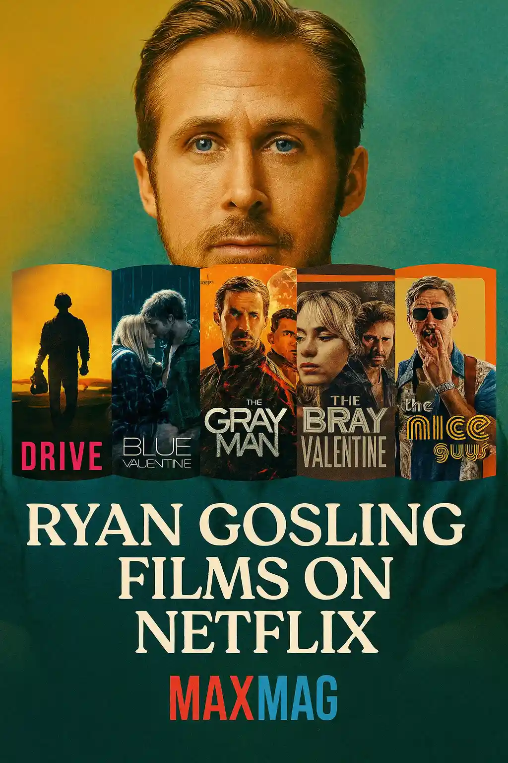 Cinematic thumbnail for “Ryan Gosling Films on Netflix” featuring a portrait of Ryan Gosling on a shiny turquoise-to-golden background. Five movie posters are aligned in front of him, with bold text “RYAN GOSLING FILMS ON NETFLIX” below and the MAXMAG logo in red and blue at the bottom.