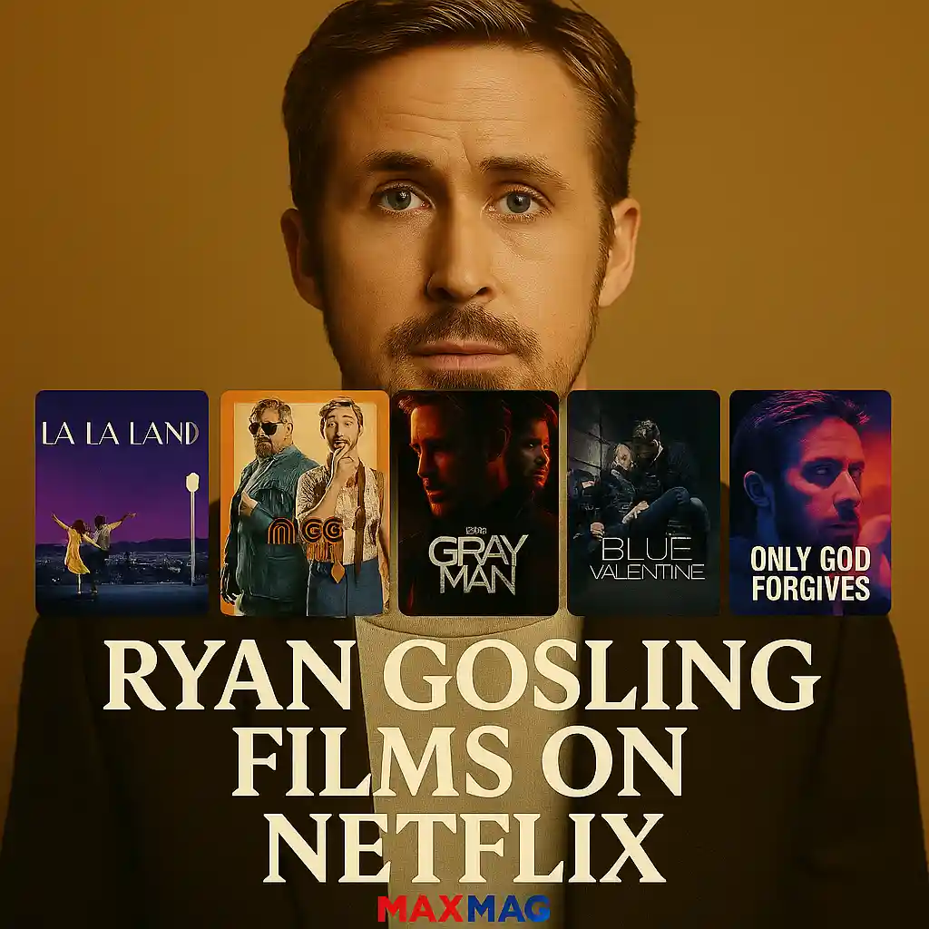 Square thumbnail for “Ryan Gosling Films on Netflix” featuring a different portrait of Ryan Gosling on a golden background. Five posters (La La Land, The Nice Guys, The Gray Man, Blue Valentine, Only God Forgives) are displayed in a row, with bold text “RYAN GOSLING FILMS ON NETFLIX” below. The MAXMAG logo appears at the bottom, with MAX in red and MAG in blue.