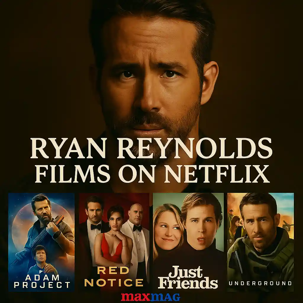 "Square thumbnail for Ryan Reynolds films on Netflix with The Adam Project, Red Notice, Just Friends, and 6 Underground movie posters under MAXMAG logo."