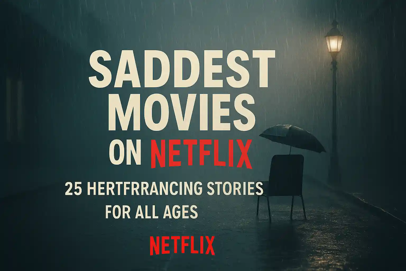 Thumbnail for "Saddest Movies on Netflix," featuring bold white and red title text against a rainy, foggy nighttime street with a single empty chair and umbrella under a lamppost.