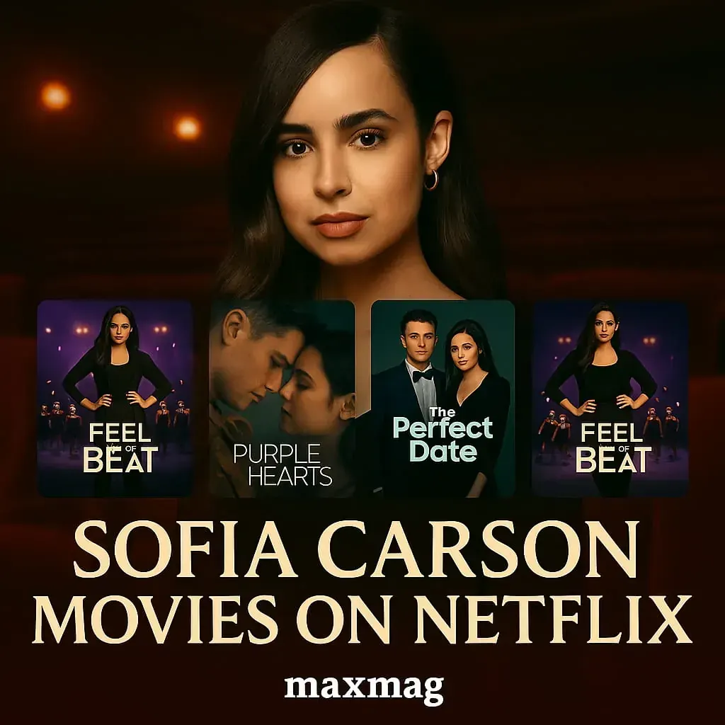 “Promotional thumbnail of Sofia Carson Movies on Netflix featuring Sofia Carson’s portrait with Netflix posters of Feel the Beat, Purple Hearts, Carry-On, Songbird, and Saving Zoë, created by Maxmag.”