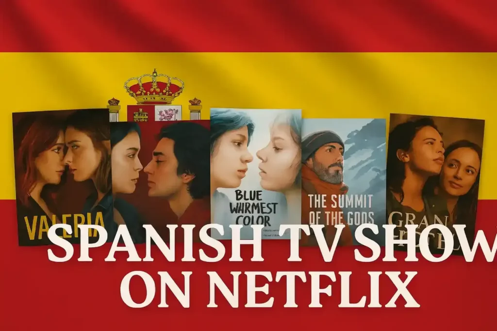 Collage of Spanish TV shows on Netflix set against the Spanish flag background, featuring posters of Valeria, Gran Hotel, and others, with bold white title text.
