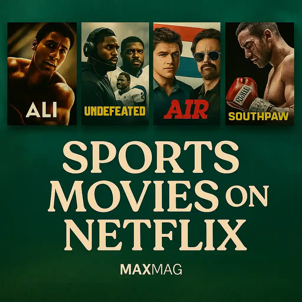 Square thumbnail showing posters of Ali, Undefeated, Air, and Southpaw above bold text “Sports Movies on Netflix” with MAXMAG logo, against a textured green sports backdrop.