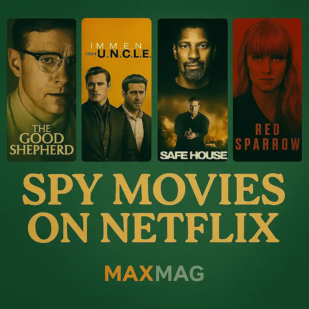 Cinematic thumbnail showcasing four Spy movies on Netflix — Operation Mincemeat, The Red Sea Diving Resort, Heart of Stone, and The Gray Man — set against a moody background with bold title text and MAXMAG branding.