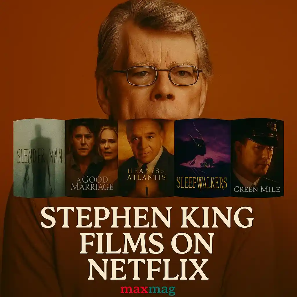 Square digital design showing a different Stephen King portrait with background contrast and posters from Gerald’s Game (2017), 1922 (2017), In the Tall Grass (2019), The Mist (2007), and Doctor Sleep (2019), representing Stephen King movies on Netflix.