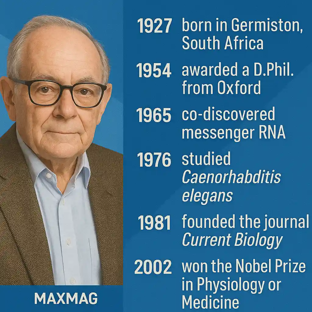 Timeline thumbnail of Sydney Brenner’s life with his portrait on the left and six milestones listed on the right, including birth in 1927, discovery of messenger RNA in 1965, and Nobel Prize in 2002, with Maxmag branding at the bottom center.