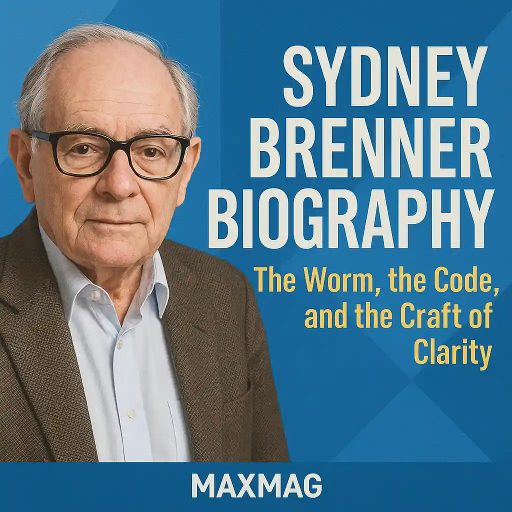 Modern thumbnail featuring Sydney Brenner’s portrait on the left, with blue geometric background and bold text “Sydney Brenner Biography: The Worm, the Code, and the Craft of Clarity,” plus Maxmag branding at the bottom center.