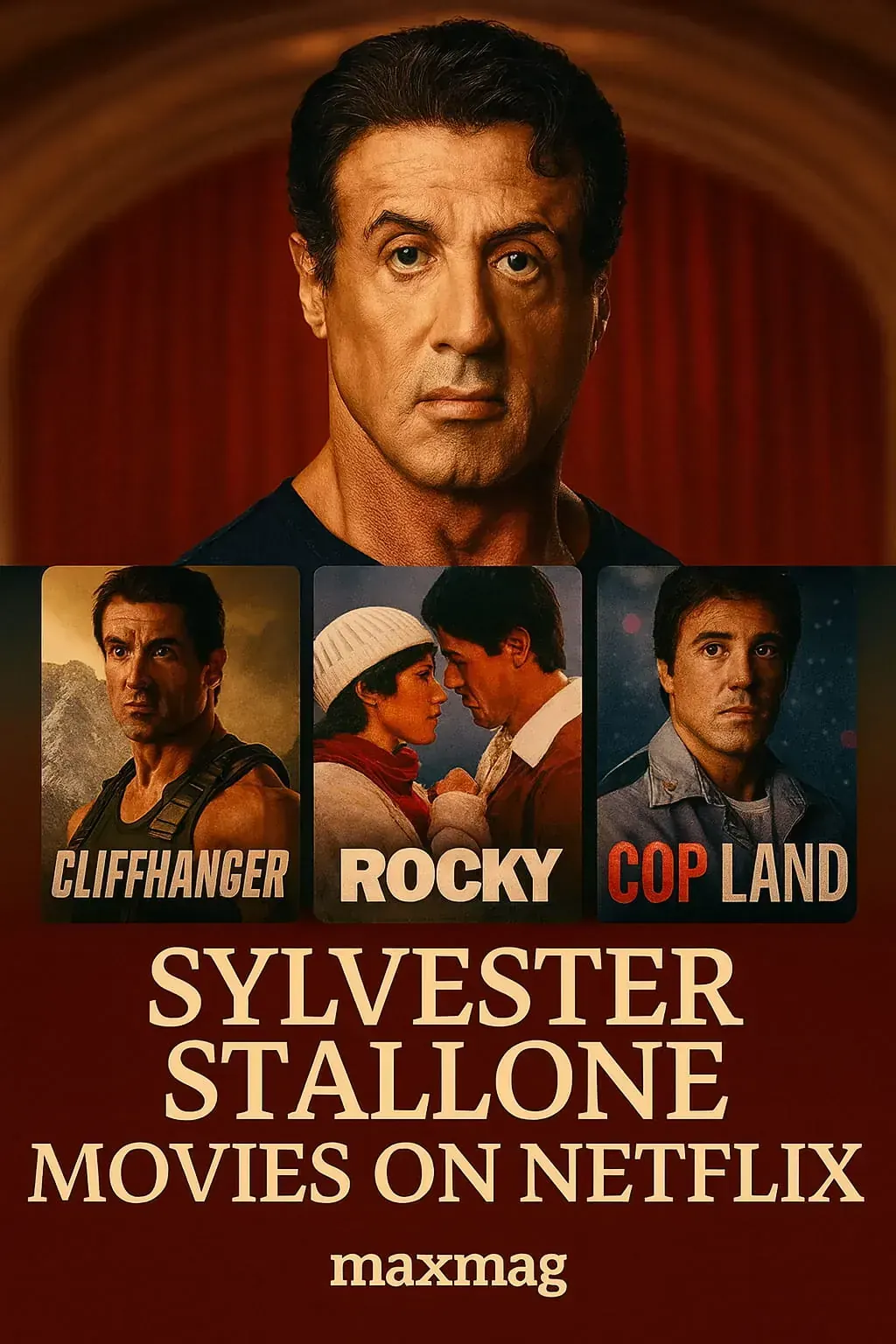 Sylvester Stallone Movies on Netflix thumbnail featuring posters of Cliffhanger, Rocky, and Cop Land, highlighting Stallone’s Oscar-winning Rocky legacy.