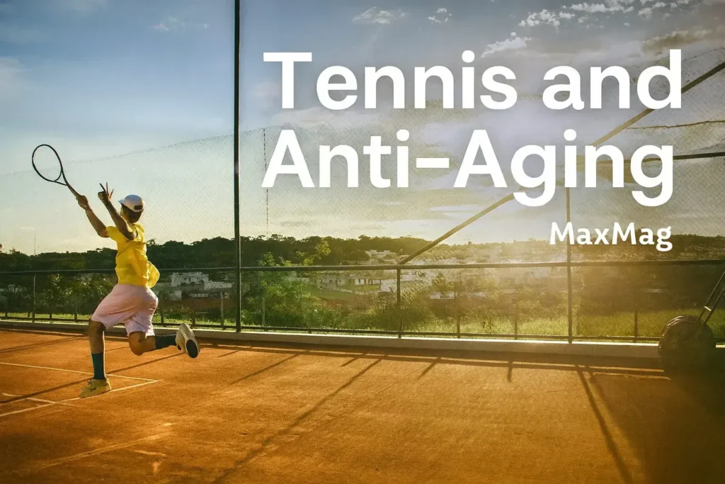 A cinematic thumbnail showing a tennis player leaping on a clay court at sunset, with the text “Tennis and Anti-Aging” in bold white letters and the Maxmag logo.