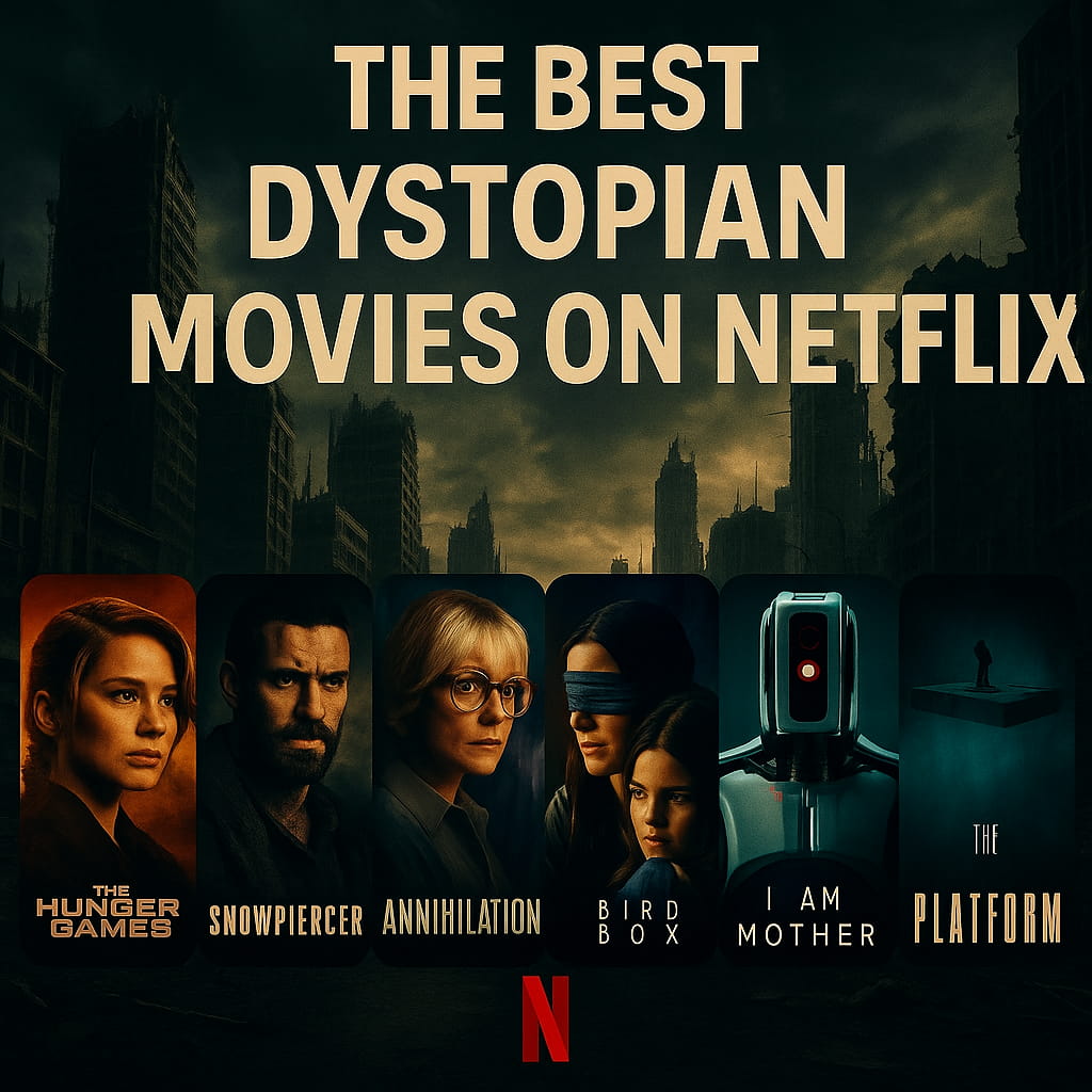 âCinematic thumbnail of the Best Dystopian Movies on Netflix showing movie posters for The Hunger Games, Snowpiercer, Annihilation, Bird Box, I Am Mother, and The Platform set against a ruined futuristic cityscape.â