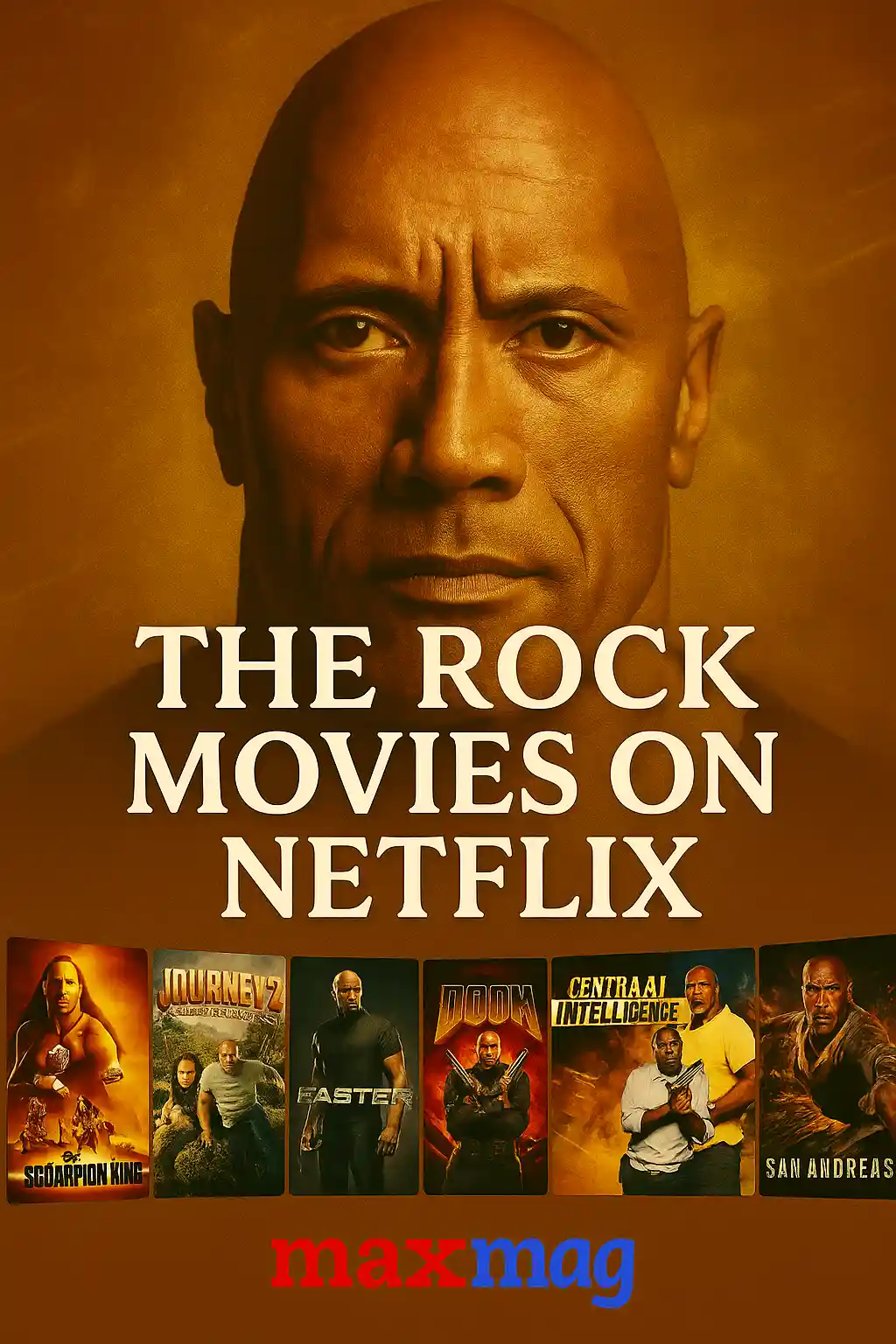 Cinematic thumbnail for The Rock movies on Netflix featuring posters of The Scorpion King, Journey 2: The Mysterious Island, Faster, Doom, Central Intelligence, Skyscraper, and San Andreas with golden-amber background.