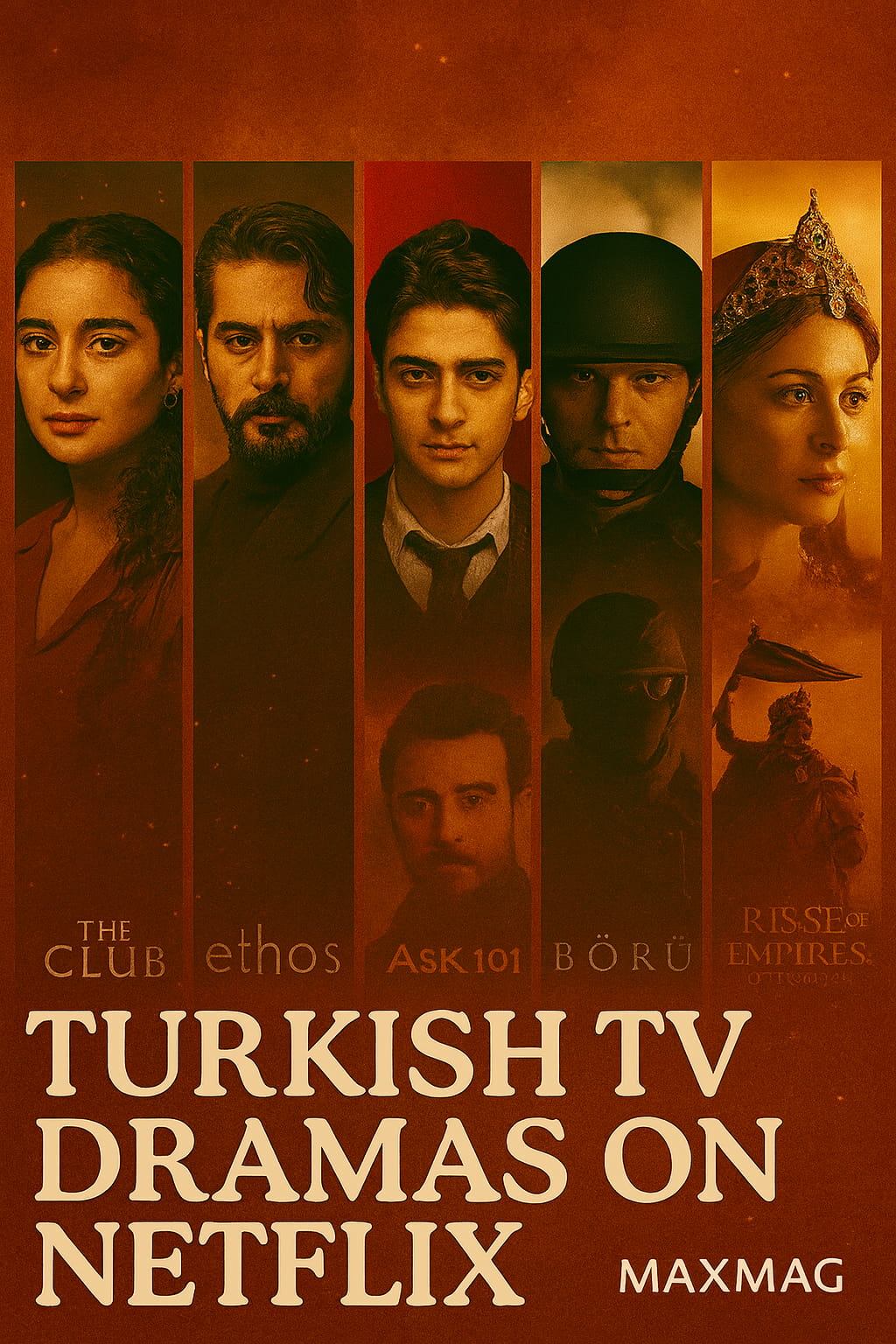 Square thumbnail for 'Turkish TV Dramas on Netflix' featuring vertical panels of characters from The Club, Ethos, Aşk 101, Börü, and Rise of Empires: Ottoman, set against a warm Turkish-inspired background with bold title text and Maxmag branding