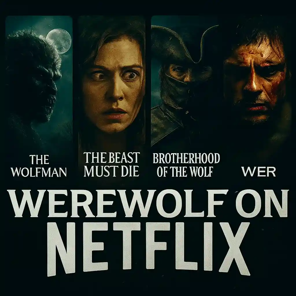 Stylized poster with vertical strips of werewolf movie stills set against a night sky, showcasing The Beast Must Die, An American Werewolf in Paris, Wolfen, and Underworld: Rise of the Lycans. Large white text reads “Werewolf Movies on Netflix.”