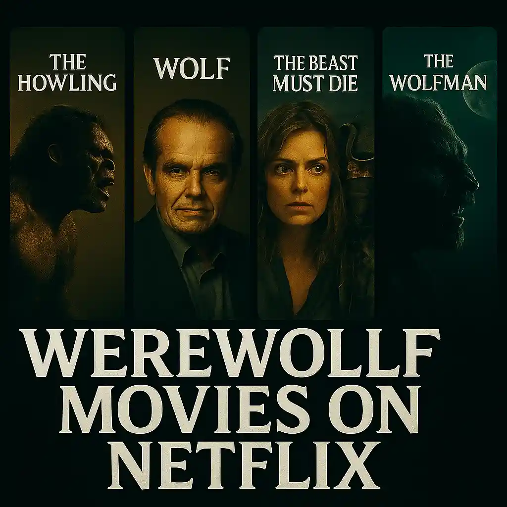 Dark cinematic thumbnail with four vertical panels showing characters from Wer, The Beast Must Die, Wolf, and The Wolfman. At the bottom, bold serif text in white reads “Werewolf Movies on Netflix.”