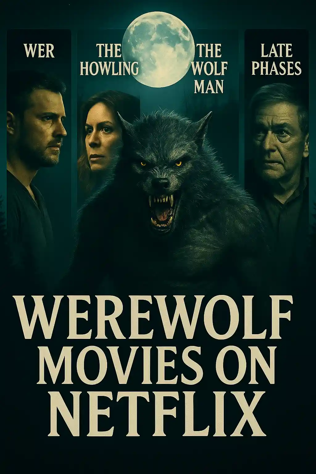 Cinematic thumbnail for Werewolf Movies on Netflix featuring four film panels (Wer, The Howling, The Wolf Man, Late Phases) surrounding a central snarling werewolf under a glowing full moon. Bold white text at the bottom reads “Werewolf Movies on Netflix.”